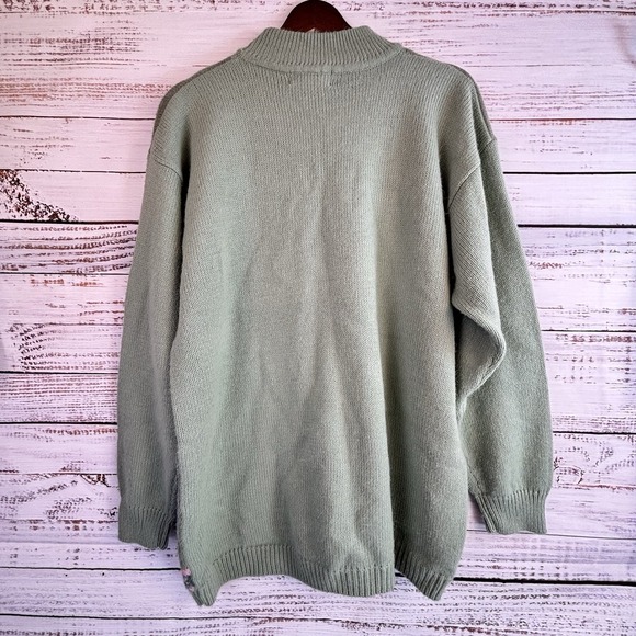 Vintage Sweater L Green Mockneck Long Twee Flowers Bows Fuzzy Embroidered Granny - Picture 5 of 8